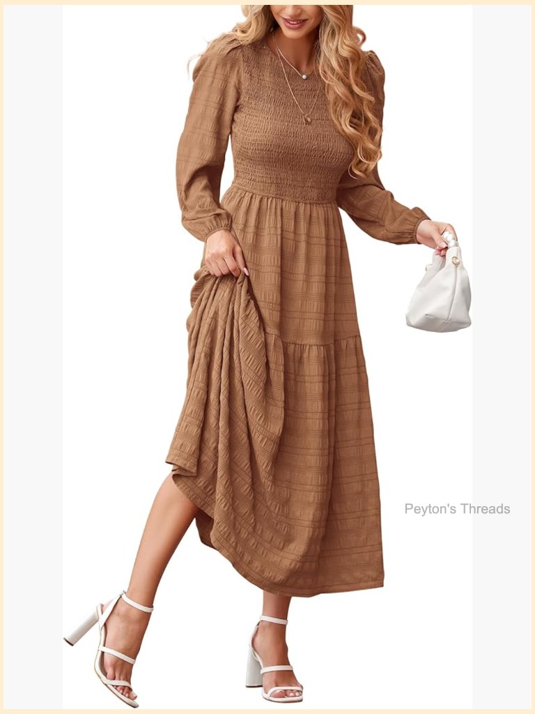 Long Sleeve Smocked Tiered Flowy Boho Wedding Guest Maxi Dress